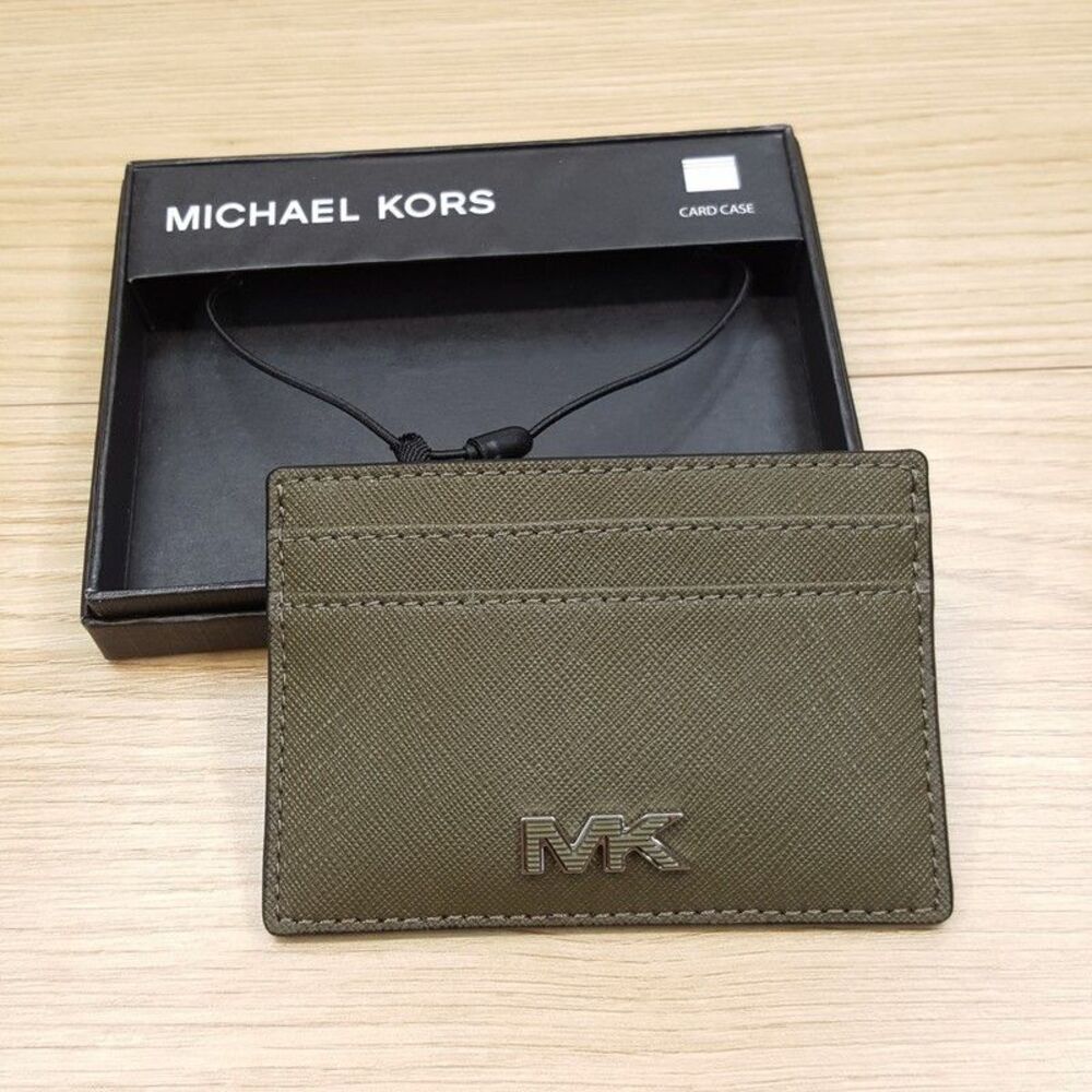 MICHAEL KORS Credit Card Case Holder Green Leather Wallet Logo MALONE $48